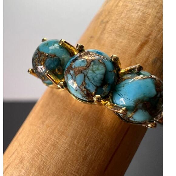 Blue composite turquoise trilogy ring in gold over sterling silver size 9 - Picture 1 of 9